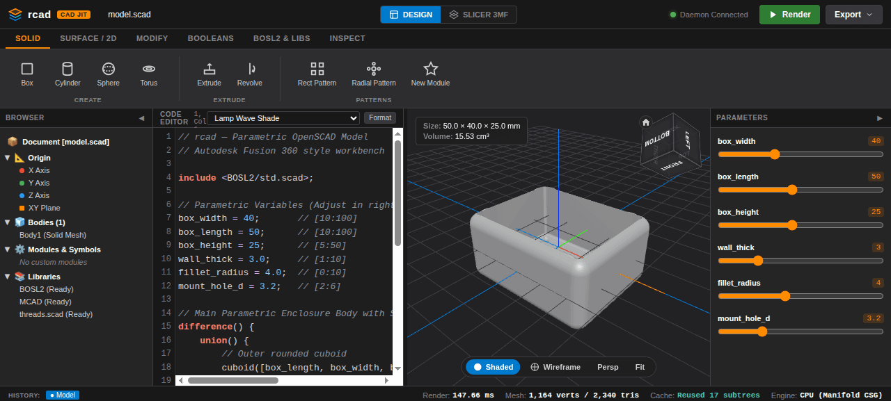 rcad parametric 3D engine interface